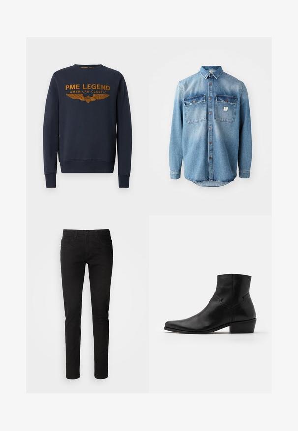 Marineblaue Sweatshirt aus Baumwolle, mit goldenem bedrucktem Logo mit Flügeln. Rundhalsausschnitt, lange Ärmel, gerippte Bündchen und Saum.; Hellblaues Jeanshemd mit langen Ärmeln, zwei Brusttaschen, durchgehender Knopfleiste und kontrastierenden, dunkleren Taschenoberteilen. verfügt über einen abgerundeten Saum.; Schwarze Jeans aus Denim im Slim-Fit-Stil, mit einem Fünf-Taschen-Design, Reißverschluss und einer sauberen, glatten Textur. Standard-Taillenumfang mit Gürtelschlaufen.; Schwarze Leder-Ankle-Boots mit spitzer Zehenpartie, minimalen Nähdetails, einem mittelhohen Blockabsatz und einer glatten, polierten Oberfläche.