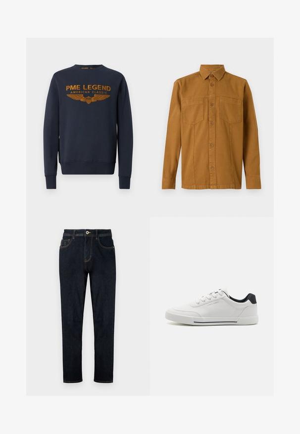 Marineblauwe sweatshirt van katoen, voorzien van een gouden bedrukte logo met vleugels. Ronde hals, lange mouwen, ribgebreide manchetten en onderrand.; TOM TAILOR Overhemd - deep cognac; TOM TAILOR TTJOSH REGULAR SLIM FIT - Straight leg jeans - rinsed blue denim; Witte sneakers met een glad synthetisch bovenwerk, ronde neus, vetersluiting, marineblauwe accenten op de hiel en een gestructureerde rubberen zool met een zwarte streep.