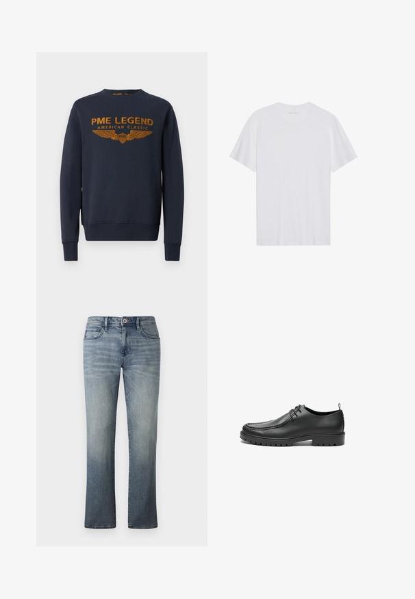Marineblaue Sweatshirt aus Baumwolle, mit goldenem bedrucktem Logo mit Flügeln. Rundhalsausschnitt, lange Ärmel, gerippte Bündchen und Saum.; Weißes Baumwoll-T-Shirt mit kurzen Ärmeln, Rundhalsausschnitt und glatter Textur. Verfügt über eine minimale Markenkennzeichnung am Halsausschnitt.; Hellblaue Jeans aus Denim mit geradem Bein, im Fünf-Taschen-Stil, mit Metallknopfverschluss und dezenten Auswaschungen.; Schwarze Lederschuhe mit glatter Oberfläche, runder Zehenform und dekorativer Naht. Mit einer Gummisohle mit Traktionsrillen und Schnürdesign.