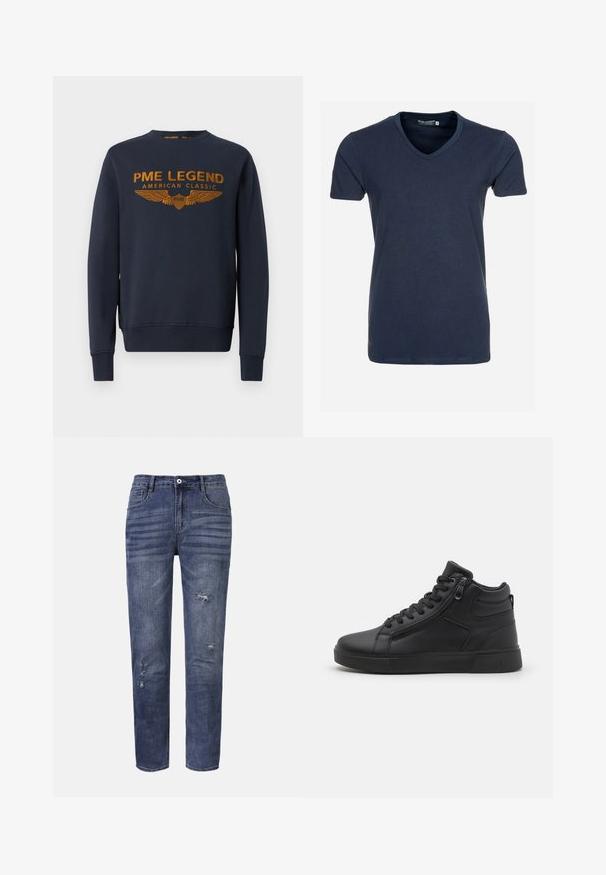 Sweatshirt bleu marine en coton, avec un logo doré imprimé avec des ailes. Encolure ronde, manches longues, bords côtelés aux poignets et à l'ourlet.; T-shirt en coton bleu marine à col en V, à manches courtes, texture lisse et ourlet droit, avec une étiquette à l'intérieur du col.; Jean en denim délavé bleu foncé, avec une coupe droite, des poches avant et des déchirures visibles avec une légère décoloration. Fermeture à bouton standard.; Pier One Baskets montantes - black