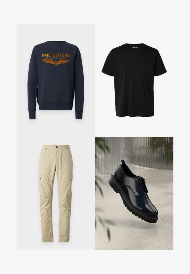 Marineblauwe sweatshirt van katoen, voorzien van een gouden bedrukte logo met vleugels. Ronde hals, lange mouwen, ribgebreide manchetten en onderrand.; Effen zwarte korte mouwen t-shirt met ronde hals in mannenmodel, zonder zichtbare patronen of logo's aan de voorkant.; Beige cargobroeken van lichtgewicht stof, met meerdere zakken, een knoopsluiting en een taps toelopende pijpdesign. Soepele textuur.; Zwarte leren schoen met een glanzende afwerking, ronde neus, vetersluiting, contrasterende stiksels en een dikke rubberen zool met profielpatronen.