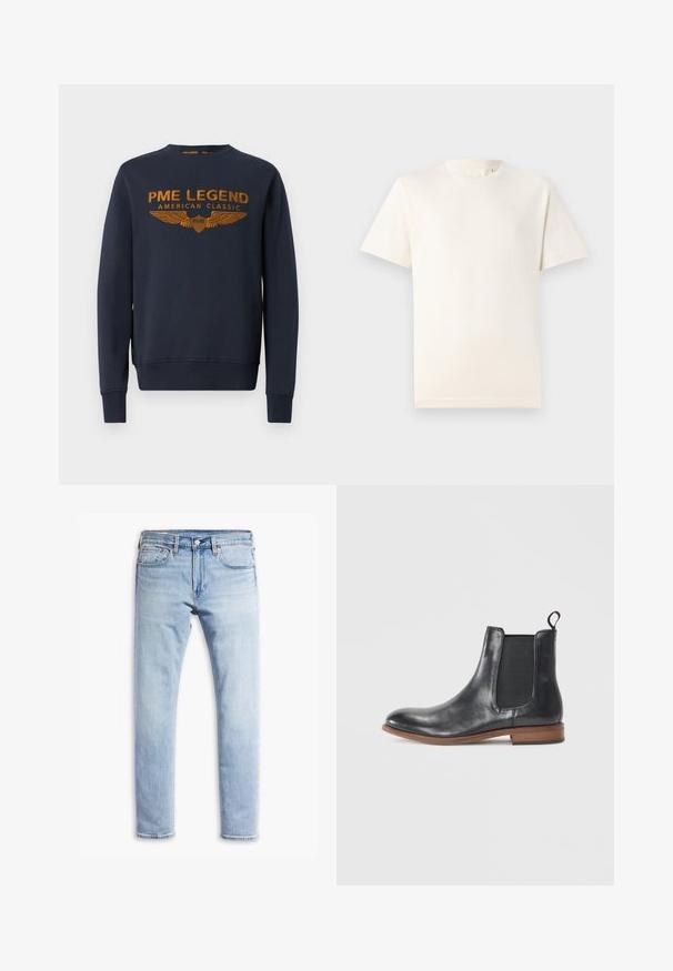 Sweatshirt bleu marine en coton, avec un logo doré imprimé avec des ailes. Encolure ronde, manches longues, bords côtelés aux poignets et à l'ourlet.; TOM TAILOR BASIC CREW NECK - T-shirt basique - smooth light sand; Jean en denim bleu clair, ajusté, avec fermeture à bouton et à glissière, style à cinq poches, et décoloration subtile le long des jambes.; Bottine Chelsea en cuir noir avec un bout arrondi, des panneaux latéraux élastiques et une languette. Présente une semelle en caoutchouc brun et une finition lisse.