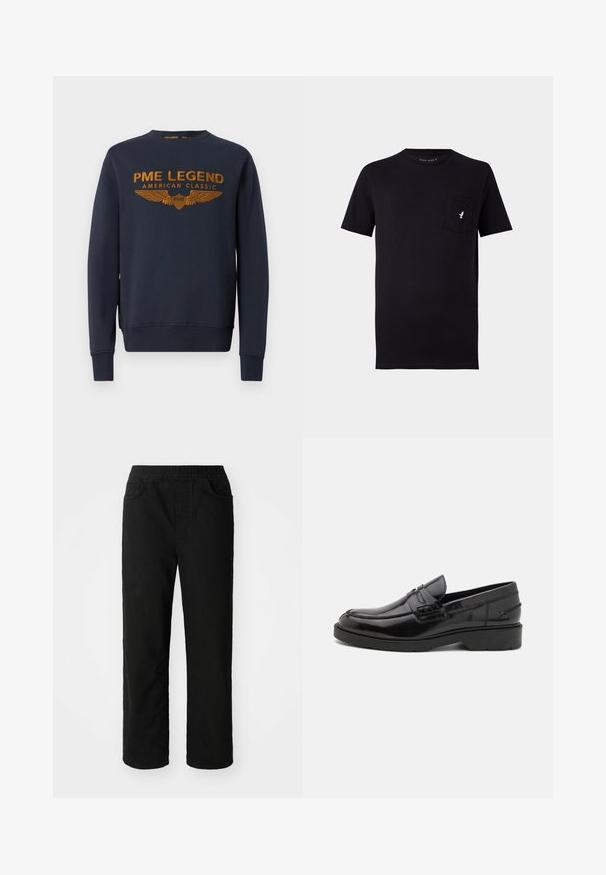 Marineblaue Sweatshirt aus Baumwolle, mit goldenem bedrucktem Logo mit Flügeln. Rundhalsausschnitt, lange Ärmel, gerippte Bündchen und Saum.; Schwarzes Baumwoll-T-Shirt mit kurzen Ärmeln, rundem Halsausschnitt und einer Brusttasche mit einem kleinen weißen Vogel-Logo. Weicher Stoff und einfaches Design.; Schwarze Baumwollhose mit lockerer Passform, elastischem Taillenbund, zwei Fronttaschen und geradem Bein. Glatte Textur ohne sichtbare Muster.; Schwarze Lederloafers mit glatter Oberfläche, abgerundetem Zehenbereich, niedrigem Absatz und dekorativer Naht entlang der Vorderseite. Gummisohle für guten Halt.