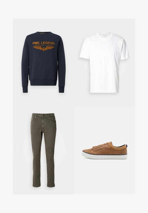 Marineblaue Sweatshirt aus Baumwolle, mit goldenem bedrucktem Logo mit Flügeln. Rundhalsausschnitt, lange Ärmel, gerippte Bündchen und Saum.; Weißes Baumwoll-T-Shirt mit Rundhalsausschnitt und kurzen Ärmeln. Verfügt über ein dezentes Logo-Detail auf der Vorderseite. Weiche Textur, lässige Passform.; Antony Morato KURT COMFORT - Jeans Tapered Fit - dark olive; Braune Leder-Sneaker mit runder Zehenpartie, weißer Sohle und marineblauen Akzenten. Verfügt über Metallösen und einen strukturierten Kragen.