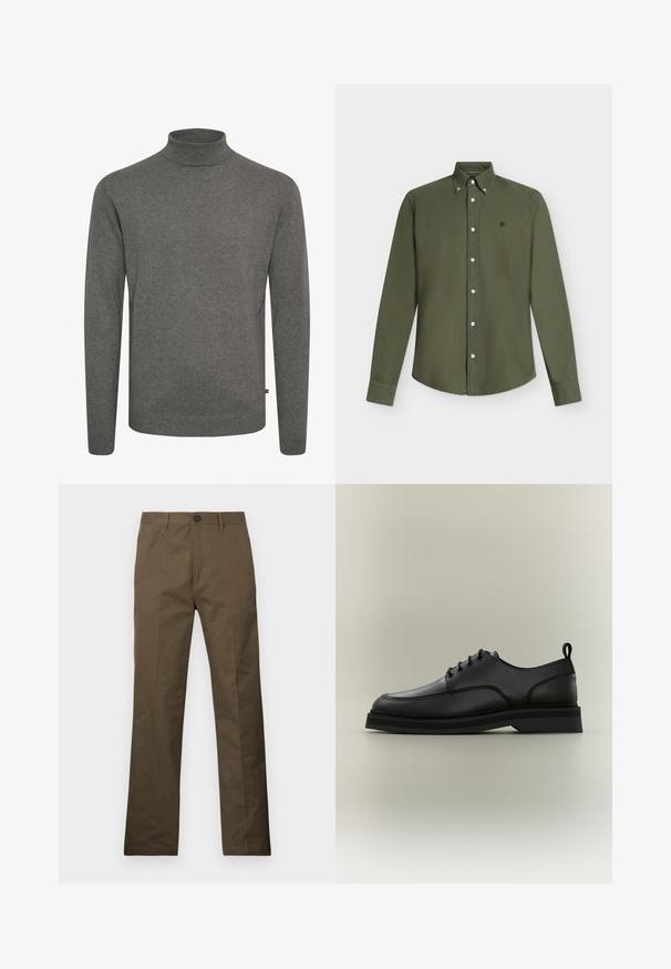 Grå rullekravesweater lavet af blødt strikket materiale. Har en tætsiddende krave og lange ærmer med ribstrikkede manchetter og kant.; Langærmet olivengrøn skjorte med knapper og en krave med knaplukning samt lille broderet logo på venstre bryst.; Brune bomuldsbukser med lige snit, forsynet med en knaplukning og sidelommer, præsenteret mod en hvid baggrund.; Sort lädersnøresko med tyk sål og trækstrop på hælen, vist i sideprofil på neutral baggrund.