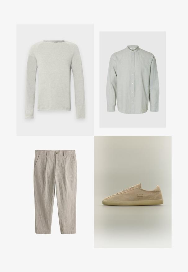 Camisa de manga larga gris claro con cuello redondo, tejido texturizado y mangas ranglán. Diseño simple, sin logotipos ni patrones visibles.; Camisa de manga larga color gris claro con cuello mandarín y siete botones, mostrada sobre un fondo liso.; Pantalones beige claros con rayas finas, bolsillos laterales, trabillas para cinturón y cierre frontal con botones, mostrados planos sobre un fondo blanco.; Zapatilla deportiva beige de ante de perfil bajo con suela de goma beige, cierre con cordones y sutil marca "C.P. Company" en el lateral.