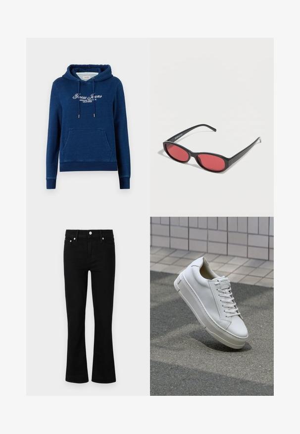 Tumesinine kapuutsiga pusa eesmine kängurutasku, paelaga kapuuts ja valge tekst "Guess Jeans American Tradition California" rinnal.; Must have must-jarve must-must must-jaded toffee death and India commitment.; Valge nahast toss, millel on madala sääre disain, lamedad paelad, ümar varvas ja tekstureeritud küljed. Paks kummist tald, millel on peened aktsendid.; Mustad ovaalsed päikeseprillid õhukeste kätega ja punase tooniga läätsedega, mis puhkavad valgel pinnal.