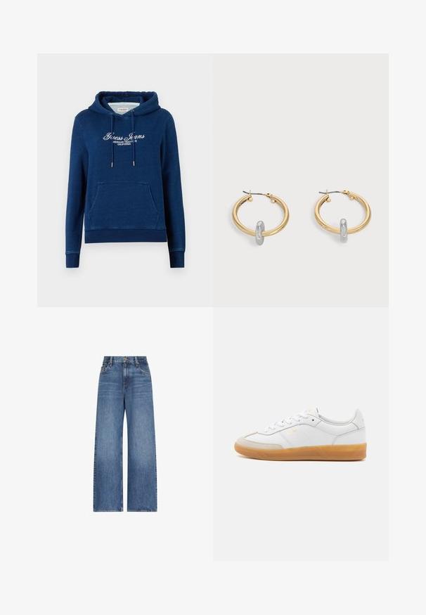 Marineblauwe hoodie met frontale kangoeroezak, capuchon met trekkoord en witte tekst "Guess Jeans American Tradition California" op de borst.; Blauwe high-waist wijde jeans met knoop en rits aan de voorkant, met riemlussen en klassiek ontwerp met vijf zakken.; Witte leren sneaker met beige suède accenten, gumrubberen zool en vetersluiting. Heeft subtiele branding in goud.; Paar goudkleurige creolen met kleine zilverkleurige lusdetail op elk, weergegeven tegen een lichtgrijze achtergrond.