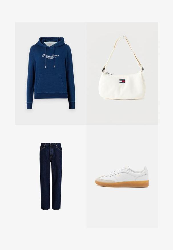 Navyblå hættetrøje med forreste kængurulomme, snøre i hætten og hvid tekst "Guess Jeans American Tradition California" på brystet.; Mørkeblå denim jeans med lige ben-design, der har høj talje, fem-lomme-stil og kontrastsyninger. Ingen dekorationer.; Hvide lædersneakers med beige ruskindsdetaljer, gummisål og snøredesign. Har diskret branding i guld.; Hvid skuldertaske med justerbar rem og Tommy Jeans logo patch foran, mod en ensfarvet baggrund.