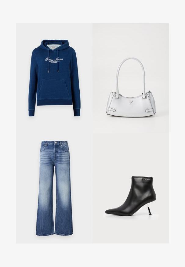 Navyblå hættetrøje med forreste kængurulomme, snøre i hætten og hvid tekst "Guess Jeans American Tradition California" på brystet.; Lysblå brede jeans lavet af denim, med høj talje, falmede tekstur og mærke patch på baglommen.; Sort læder ankelstøvle med spids tå og en blank sølv stilethæle på en hvid baggrund.; Sølv håndtaske med et struktureret design, der har to håndtag, en skinnende overflade, accenthardware og et trekantet logo på fronten.