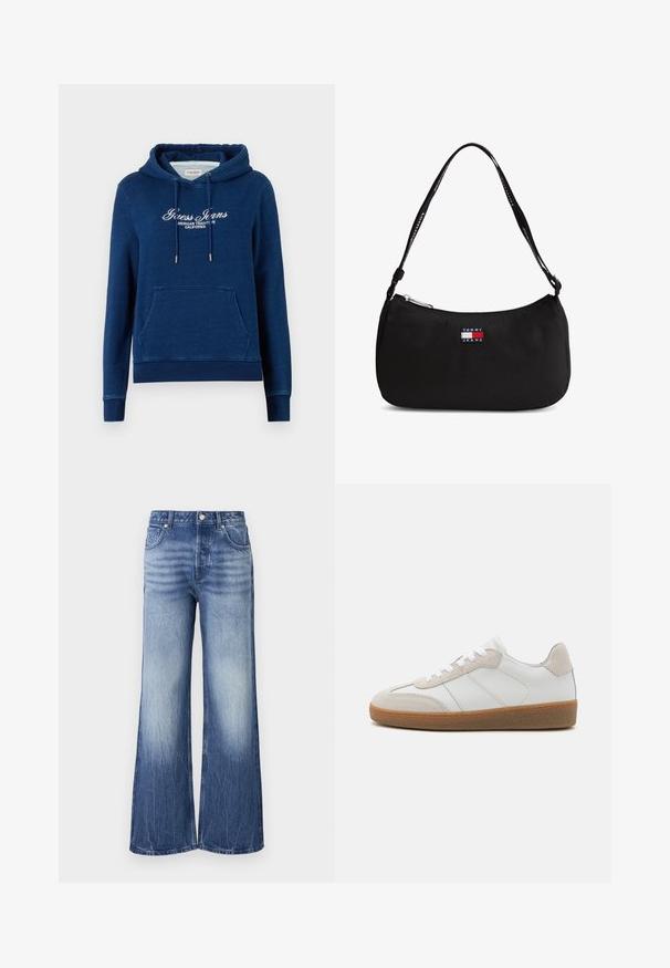 Tumesinine kapuutsiga pusa eesmine kängurutasku, paelaga kapuuts ja valge tekst "Guess Jeans American Tradition California" rinnal.; Heledad hallid teksad, mis on valmistatud denimist, kõrge taljega, fadeeritud tekstuuriga ja brändimärgisega tagataskus.; Valged nahast spordijalatsid, millel on beežist sametist aksessuaarid, tekstureeritud keel ja kummitald. Omab valgeid paelu ja peeneid õmblusdetailide. ; Väike must õlakott kumerate ülaosa tõmblukuga ja "Tommy Jeans" logo pildiga ees, musta rihmaga valge tekstiga.