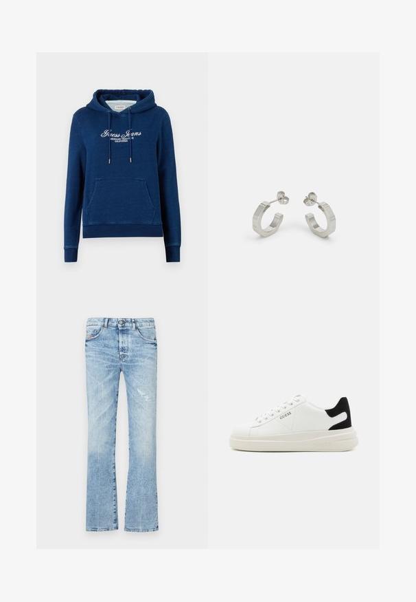 Laivastonsininen huppari, jossa edessä kengurun tasku, kiristysnyörit hupussa ja valkoinen teksti "Guess Jeans American Tradition California" rinnassa.; Vaaleansiniset leveälahkeiset farkut, jotka on valmistettu denimistä. Esittelee haalistuneen pesun, kuluneen paikan, viisi taskua ja napp closure vyötäröllä.; Valkoiset nahkakengät paksulla valkoisella pohjalla, mustalla mokkanahkaosuudella kannassa ja kohokuvioitu logo sivulla. Nauhakeskitys kuudella reiällä.; Hopeva ripustettavat korvakorut, joissa on hopeinen metallinen, tekstuurihoitoinen muotoilu. Niissä on pieni postikiinnitys ja brändäys yhdellä hoopilla. Pyöristetty muoto ja kiiltävä pinta.