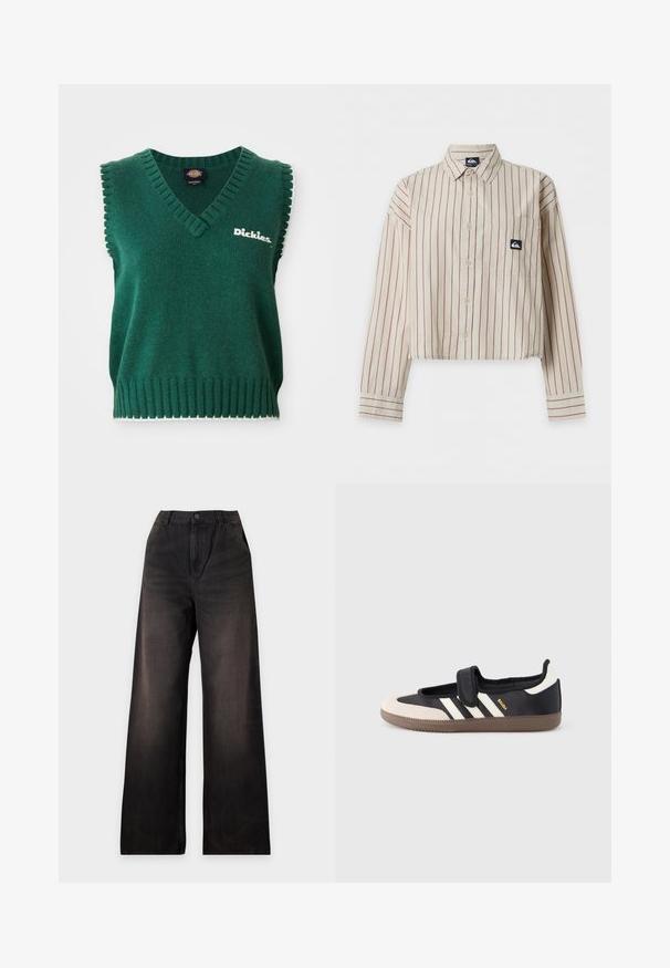 Gilet en tricot sans manches vert avec col en V, bords côtelés, passepoil blanc et logo "Dickies" sur la poitrine.; Chemise courte beige boutonnée, rayures verticales rouges, manches longues, poche poitrine et petit écusson logo noir et blanc sur la poche.; Pantalon en denim noir à jambes larges, avec poches avant, passants pour ceinture et fermeture par boutons, présenté à plat sur un fond blanc.; Baskets noires et beiges avec une bride en velcro, trois bandes blanches sur le côté, et une semelle en caoutchouc marron texturée. Logo de la marque visible.