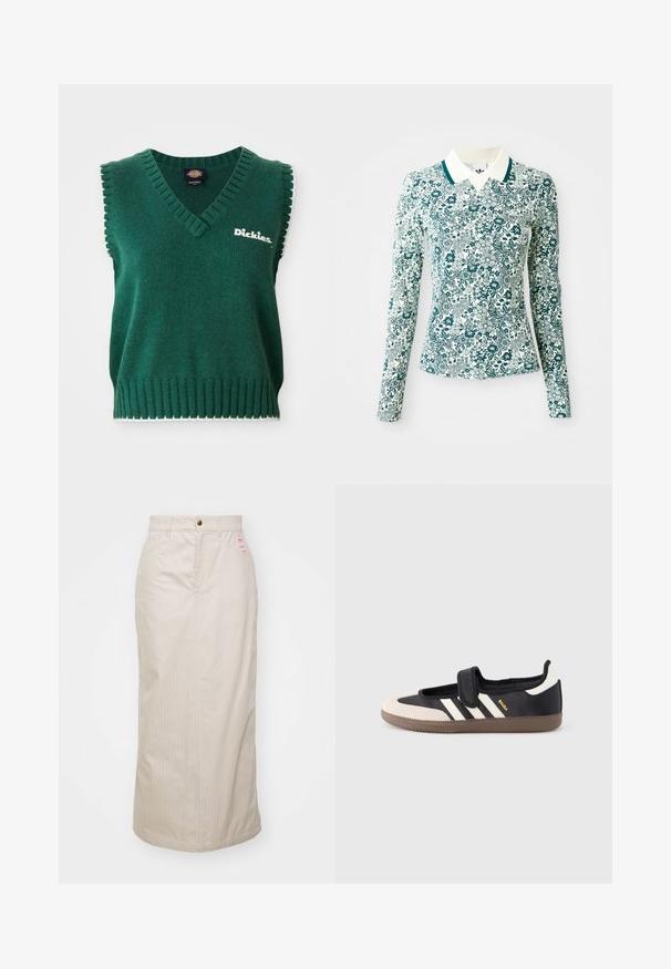 Zelená bezrukávová pletená vesta s výstrihom do V, ribovanými okrajmi, bielym lemovaním a logom "Dickies" na hrudi.; Dlhý rukáv priliehavá košeľa s tyrkysovo-bielym kvetinovým vzorom a bielym golierom s tyrkysovým lemovaním na jednolatom pozadí.; Béžová sukňa s pruhmi a vysokým pásom, skrytý zips a kovové zapínanie na gombík. Obsahuje malú značkovú etiketu na prednej strane.; Čierna a béžová teniska s pásikom na suchý zips, tromi bielymi pruhmi na boku a štruktúrovanou hnedou gumovou podrážkou. Viditeľné logo značky.