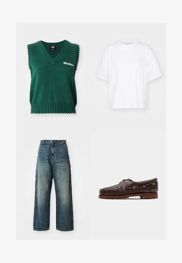 Groen mouwloos gebreid vest met V-hals, geribbelde randen, witte afwerking en "Dickies" logo op de borst.; Witte katoenen t-shirt met een ronde hals, korte mouwen en een ontspannen pasvorm. Heeft een subtiel logo op het linkerborstgedeelte. Zachte textuur.; Wijd uitgesneden denim jeans in een vervaagde blauwe wassing. Bevat een knoopsluiting, vijf zakken en zichtbare stiksels. Materiaal heeft een zachte textuur.; Bruine leren bootsschoen met gouden oogjes, ronde veters en een gestructureerde bruine rubberen zool. Kenmerkt zich door gestikte details en een verhoogd logo.