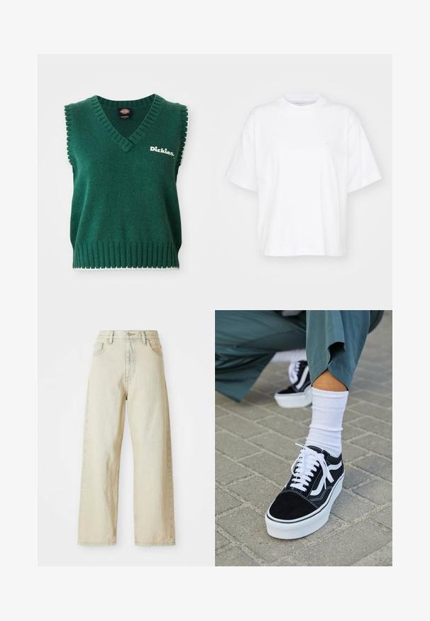 Grøn ærmeløs strikket vest med V-hals, ribbede kanter, hvid kant og "Dickies" logo på brystet.; Hvid bomulds t-shirt med rund hals, korte ærmer og en afslappet pasform. Har et diskret logo på venstre brystområde. Glat tekstur.; Løse denimjeans i en lys beige nuance med forlommer, høj talje og subtile syninger. Fremstillet af struktureret denimstof.; Sorte ruskinds sneakers med hvide accenter og snørebånd, der har en tyk hvid sål og kontrasterende syninger, parret med en hvid sok.