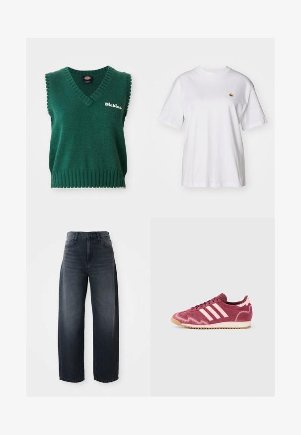 Zelená bezrukávová pletená vesta s výstrihom do V, ribovanými okrajmi, bielym lemovaním a logom "Dickies" na hrudi.; Biely bavlnený tričko s voľným strihom, krátkymi rukávmi a malým vyšitým logom na ľavej strane hrude.; Džínsy s voľným strihom v tmavom denime, vysoký pás, klasické zapínanie na gombík a zips, a jemné blednutie na prednej strane.; Bordové a ružové semišové tenisky s tromi ružovými pruhmi, textúrovaným povrchom a gumovou podrážkou. Obsahujú detailné švy ako dekorácie.