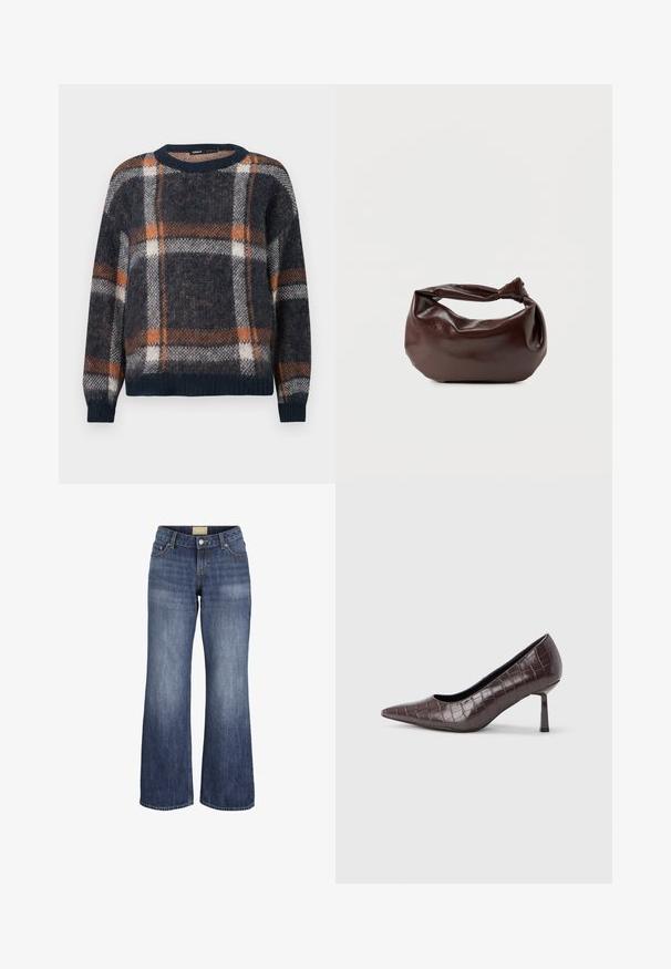 Pull en laine avec une base bleu marine et un motif à carreaux orange et blanc. Col rond, coupe ample, et poignets et ourlet côtelés.; Jean en denim bleu à jambes larges avec poches avant, passants de ceinture, fermeture à bouton et détails de lavage délavé.; Escarpins à bout pointu en similicuir marron avec une texture crocodile, dotés d’un talon fin et angulaire ainsi que d’une doublure intérieure lisse.; Sac bandoulière en cuir marron foncé avec une forme souple et décontractée et une anse nouée torsadée sur un fond blanc uni.