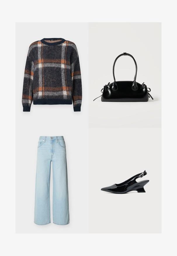 Pull en laine avec une base bleu marine et un motif à carreaux orange et blanc. Col rond, coupe ample, et poignets et ourlet côtelés.; Jean bleu clair à jambes larges avec une fermeture avant à boutons et zip, des passants de ceinture, et un design classique à cinq poches.; Chaussure slingback en cuir verni noir avec bout pointu et petit talon bloc incliné sur fond clair uni.; Petit sac à main noir brillant avec deux longues anses et des détails à cordon sur les côtés sur un fond clair uni.