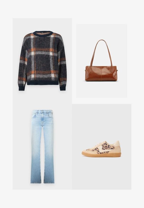 Uldtrøje med en navy blå bundfarve og et ternet mønster i orange og hvid. Rund hals, løs pasform og ribbede manchetter og kant.; Lysblå denim flared jeans med en gradvis farvefade, fem-lomme design og en knaplukning ved taljen. Glat tekstur og rene linjer.; Leopardprint sneakers med beige ruskindsoverdel, tan gummisål og hvide detaljer. Rund pegefinger og snørebåndsdesign med en tekstureret finish.; Rektangulær brun læderhåndtaske med to lange skulderremme, glat blank finish og minimalistisk design på en ensfarvet baggrund.