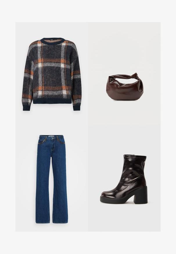 Uldtrøje med en navy blå bundfarve og et ternet mønster i orange og hvid. Rund hals, løs pasform og ribbede manchetter og kant.; Blå denim flared jeans med kontrastsyninger, fem-lomme design og lynlåslukning. Stoffet har en blød tekstur med let falming.; Lysende sorte ankelstøvler med kraftig blokhæl og rund tå, glat læderoverdel med diskrete syninger.; Mørkebrun læder skuldertaske med en blød, afslappet form og et snoet knudehåndtag på en ensartet hvid baggrund.
