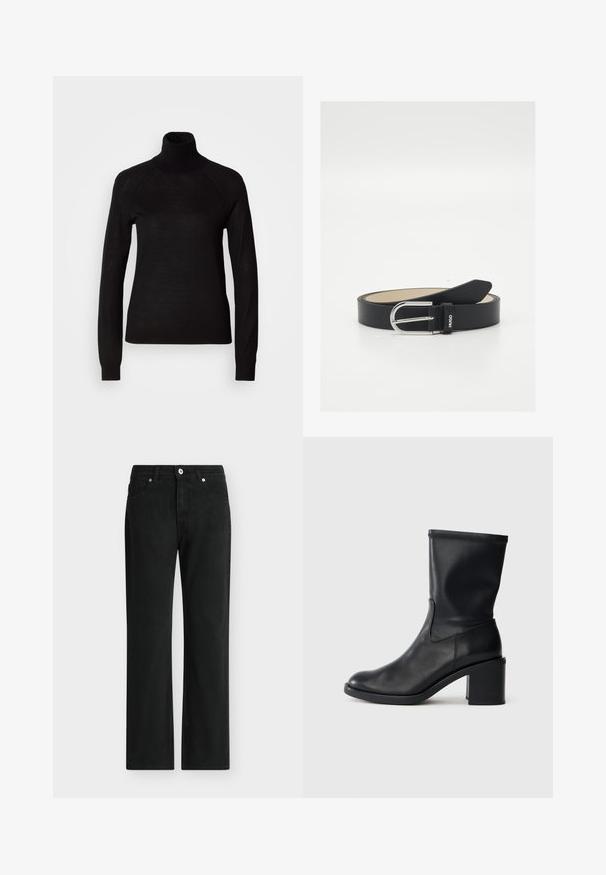 Schwarzer Rollkragenpullover aus leichtem Strickmaterial. Mit langen Ärmeln und einer figurbetonten Silhouette mit Raglanärmeln.; Schwarze Jeans mit geradem Bein, vorne mit Knopf- und Reißverschluss, fünf Taschen und Gürtelschlaufen.; Schwarze Leder-Ankle Boots mit runder Zehenform, glatter Oberfläche und dicker Absatz, ausgestattet mit einem eng anliegenden Schaft und subtilen Nähten.; Schwarzer Leder-Gürtel mit strukturierter Oberfläche, silberner Metallschnalle und geprägtem Logo. Einfaches Design mit Standardbreite und verjüngtem Ende.