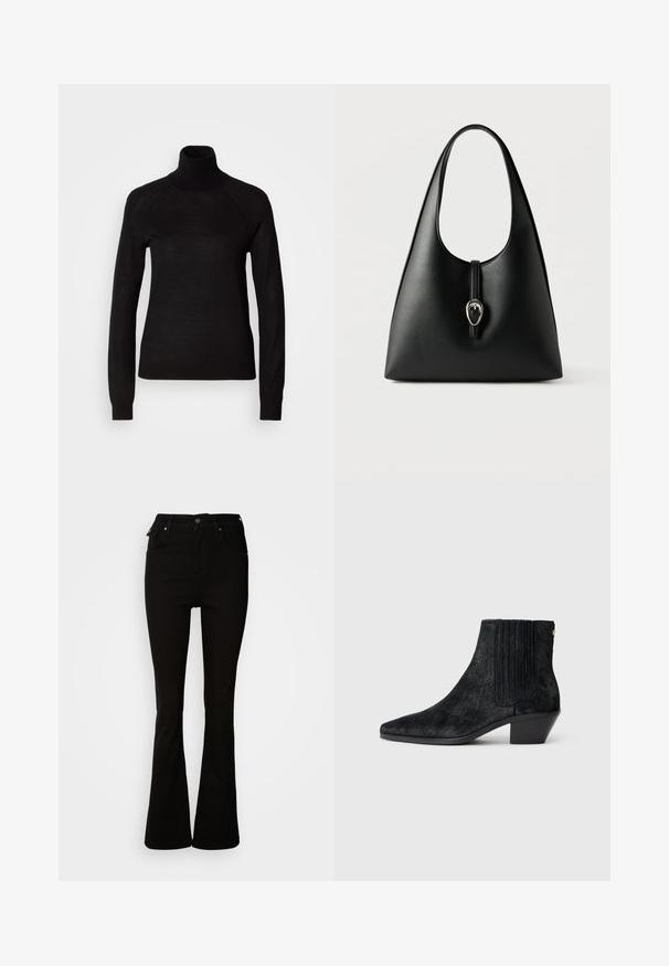 Sort turtleneck sweater lavet af et let strikket stof. Har lange ærmer og en tætsiddende silhuet med raglan-sømme.; Sorte flare jeans lavet af denim, med høj talje, forlommer og et klassisk fem-lomme design med metalhardware detaljer.; Sort ankelstøvle med spidse tæer, tekstureret håragtigt materiale, ribbet sidepanel og en lav, firkantet hæl. Simpelt og moderne design.; Sort læderhåndtaske med et enkelt håndtag og en sølvspænde med remlukning på en hvid baggrund.