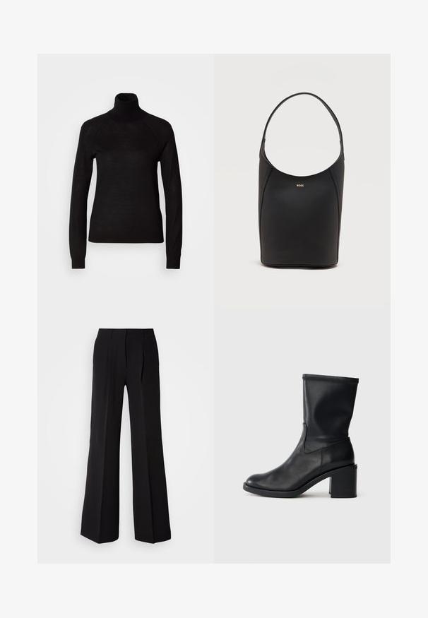 Suéter negro de cuello alto hecho de un tejido de punto ligero. Presenta mangas largas y una silueta ajustada con costuras raglán.; Pantalones negros de tejido suave, con cintura alta, silueta de pierna ancha y dos pliegues frontales para añadir detalle de diseño.; Botín negro de cuero hasta el tobillo con punta redonda, textura suave y tacón grueso, que presenta un eje ajustado y un sutil detalle de costura.; Bolso de cuero negro tipo saco con una sola correa para el hombro y pequeño logo dorado de BOSS centrado cerca de la parte superior frontal.