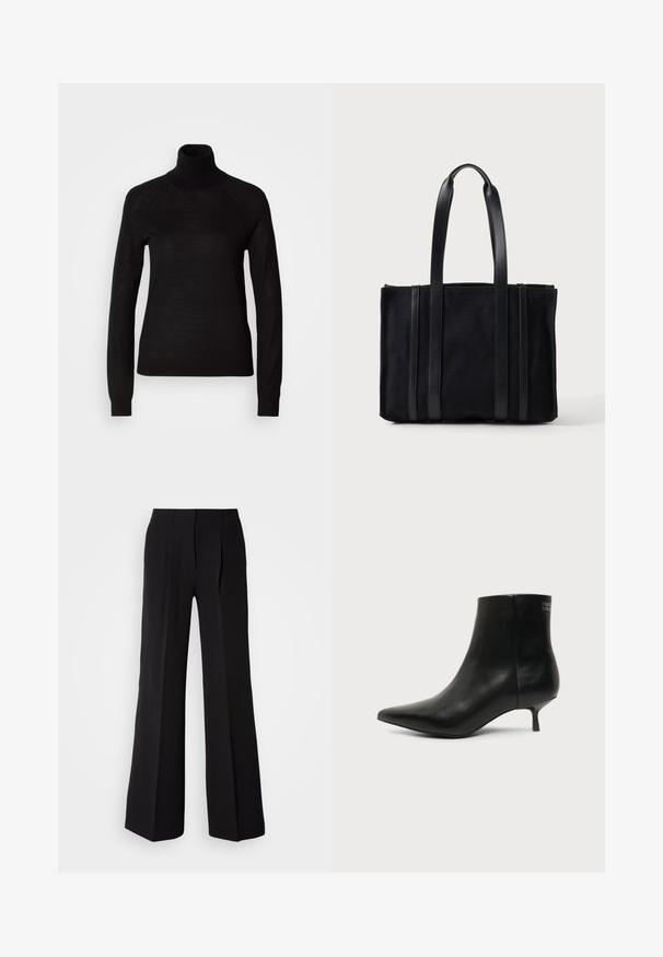 Sort turtleneck sweater lavet af et let strikket stof. Har lange ærmer og en tætsiddende silhuet med raglan-sømme.; Sorte bukser lavet af glat stof, med høj talje, bred ben silhuet og to frontfolder for ekstra design detaljer.; Sort læder ankelstøvle med spids tå og lav kitten hæl på lys baggrund, der viser yderside.; Sort rektangulær tote taske med to lange håndtag og lodrette læder accenter foran, sat mod en ensfarvet lys baggrund.