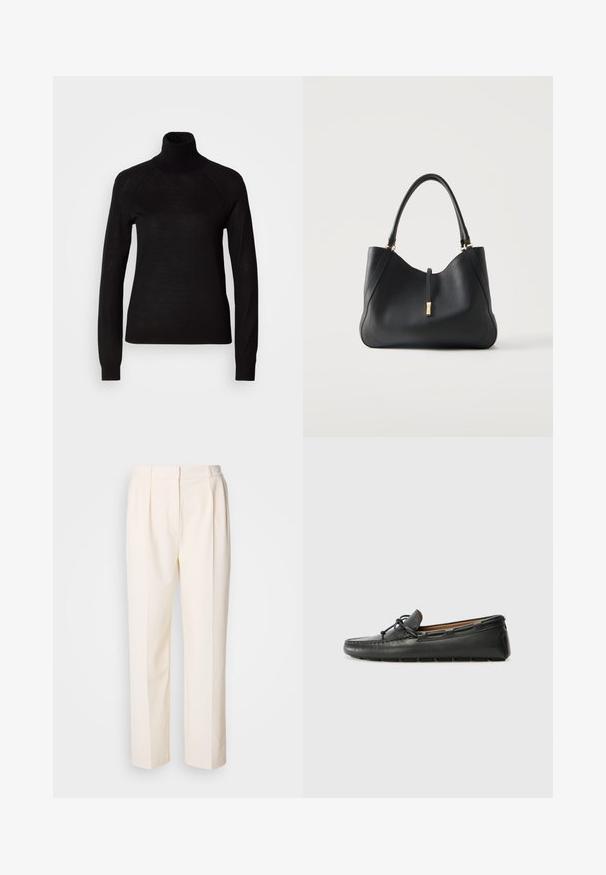 Sort turtleneck sweater lavet af et let strikket stof. Har lange ærmer og en tætsiddende silhuet med raglan-sømme.; Lacoste Bukser - lapland; Sorte læder bådsko med afrundet tå, stikninger, lille sløjfedetalje og gummisål. Glat tekstur og strømlinet design.; Sort læderhåndtaske med enkelt skulderrem og guldfarvet spænde på hvid baggrund.