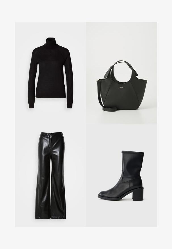 Pull à col roulé noir en tissu tricot léger. Avec des manches longues et une silhouette ajustée dotée de coutures raglan.; Pantalons larges en cuir noir avec une texture lisse, taille haute et fermeture éclair frontale dissimulée. Coupe ajustée avec une finition soignée.; Botte en cuir noir à cheville avec un bout rond, texture lisse et un talon épais, présentant un tige ajustée et un subtil détail de couture.; Sac à main en cuir noir avec une surface texturée, un design courbé, des poignées doubles et une bandoulière amovible. Présente un logo de marque à l'avant.