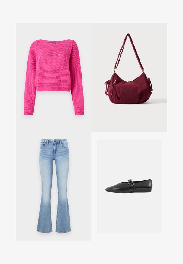 Lyserød cropped sweater med et struktureret strikmønster, bred halsudskæring og lange ærmer. Ribbet nederste kant og manchetter. Fremstillet af et letvægtsmateriale.; Lyseblå vide jeans lavet af denim. Har et traditionelt fem-lommer design og en lynlås med knaplukning. Bleg effekt på lårerne.; Sorte læder flade sko med spidse tæer, prydet med en metallisk spænde over vristen og en lav, fleksibel sål.; Blød bordeaux kordfløjls skuldertaske med justerbar rem, lynlås lukning, sidelommer med bindebånd og en front lynlåslomme.