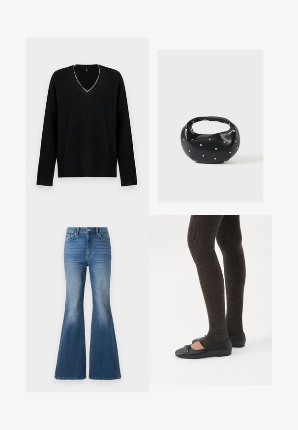 Pull noir oversize avec un col en V profond, texture côtelée et manches longues. Coutures claires notables autour de l'encolure.; Jean en denim bleu taille haute, évasés, avec un effet délavé, comportant deux poches avant, une fermeture à bouton, et des détails cousus sur les coutures.; Jambes portant des leggings côtelés foncés associés à des ballerines noires avec de petits détails en nœud sur fond blanc.; Sac à main en cuir noir de forme arrondie, décoré de clous argentés et équipé d'une poignée courte. Texture lisse et fermeture éclair.