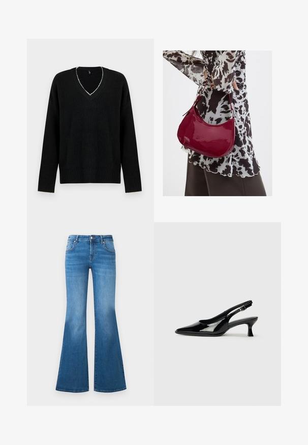 Zwarte oversized trui met een diepe V-hals, geribbelde structuur en lange mouwen. Opvallende lichtgekleurde stiksels rond de halslijn.; Flared blauwe denim jeans met een medium hoge taille, vijf zakken en vervaagde details op de dijen. Zilveren accenten op de knopen.; Zwarte lakleren slingback schoenen met een spitse neus en een lage blokhak. Verstelbare gespband bij de enkel.; Vrouw met een zwart-wit gebloemde blouse houdt een glanzende rode schoudertas vast tegen een effen achtergrond.
