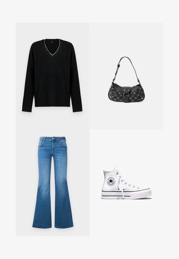 Zwarte oversized trui met een diepe V-hals, geribbelde structuur en lange mouwen. Opvallende lichtgekleurde stiksels rond de halslijn.; Flared blauwe denim jeans met een medium hoge taille, vijf zakken en vervaagde details op de dijen. Zilveren accenten op de knopen.; Witte Converse Chuck Taylor All Star sneaker met hoge schacht, zwarte strepen en logo-patch aan de zijkant, weergegeven tegen een effen witte achtergrond.; Zwarte handtas met een gekruist textuur, voorzien van zilveren hardware, een gebogen vorm en een enkele verstelbare hengsel. Ritssluiting aan de bovenkant.