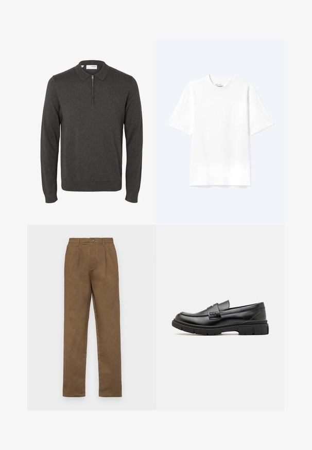 Mørkegrå langærmet polo sweater med kort front lynlås og en foldet krave, vist på en ensfarvet hvid baggrund.; Enkel hvid T-shirt med korte ærmer og rund hals med afslappet pasform, vist på en lys baggrund.; Brune bomuldsbukser med lige pasform, har en enkelt knaplukning, bæltestropper og skarpe folder ned foran.; Sort læder loafersko med en bred rem over forfoden, gummisål med tykke mønstre og glat overflade. Klassisk, slankt design.