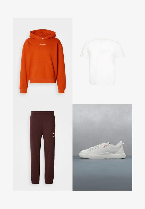 Orangener Kapuzenpullover mit einer Kängurutasche und weißem "Calvin Klein"-Logo auf der Brust. Hergestellt aus weichem, texturiertem Stoff.; Weißes T-Shirt mit kurzen Ärmeln und Rundhalsausschnitt mit kleinem gesticktem "ck" Logo auf der linken Brust.; Burgunderfarbene Jogginghosen aus weicher Baumwolle, mit einem elastischen Bund, gerippten Knöcheln und einem dezenten Logo auf dem linken Bein.; Weiße Sneaker aus glattem Leder, runde Spitze, vier Ösen, dezente Perforationen und ein rotes Logodetail an der Seite.