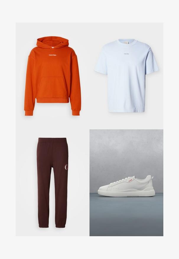 Oranž kapuutsiga sviiter, millel on esikott ja valge "Calvin Klein" logo rinnal. Valmistatud pehmest, struktureeritud kangast.; Helehall sinine puuvillane t-särk ümmarguse kaeluse ja lühikeste varrukatega, millel on väikene musta värvi "Calvin Klein" logo rinnal.; Burgundia värvi spordipüksid, mis on valmistatud pehmest puuvillast, elastse vöökoha ja soonikute juurde jalgade otsas, ning mille vasakul jalal on diskreetne logo.; Valged spordijalatsid siledast nahast, ümar varvas, neli silmaauku, kerged perforatsioonid ja punane logo külje peal.