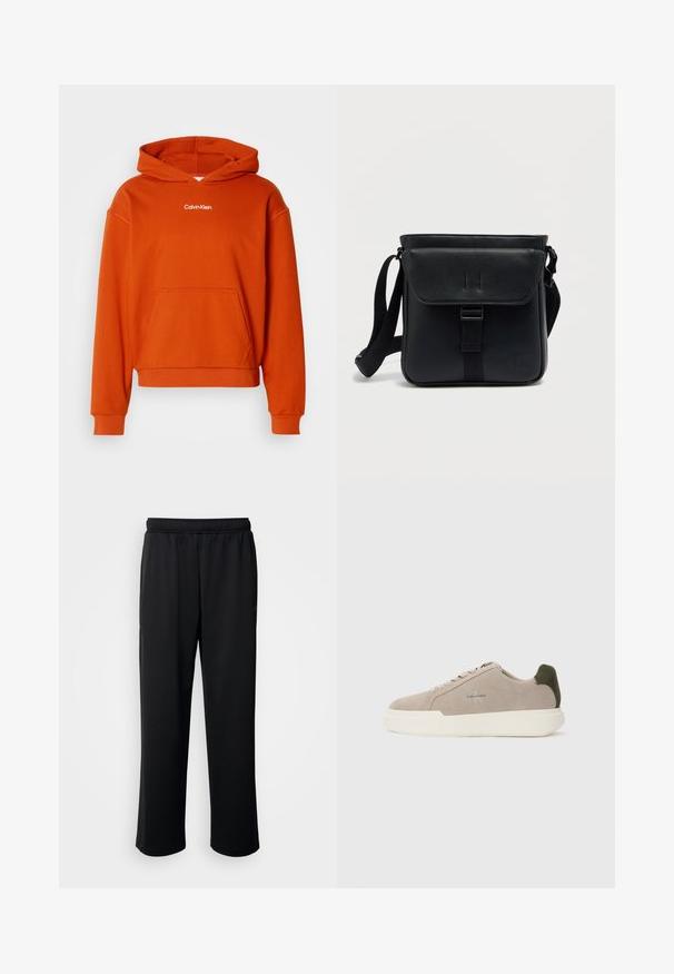 Orangener Kapuzenpullover mit einer Kängurutasche und weißem "Calvin Klein"-Logo auf der Brust. Hergestellt aus weichem, texturiertem Stoff.; Schwarze Sporthose aus weichem, atmungsaktivem Stoff. Mit einem elastischen Bund und geraden Beinen, ohne auffällige Akzente oder Muster.; Beige Wildledersneaker mit einer weißen Gummisohle, die einen dunkelgrünen Akzent an der Ferse und dezente Markenaufschrift an der Seite aufweisen.; Schwarze Umhängetasche aus Leder mit Klappverschluss, verstellbarem Riemen und geprägt geprägtem Logo. Glatte Textur und minimalistische Designelemente.