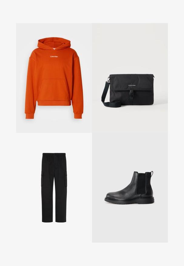 Orangener Kapuzenpullover mit einer Kängurutasche und weißem "Calvin Klein"-Logo auf der Brust. Hergestellt aus weichem, texturiertem Stoff.; Schwarze gerade geschnittene Cargohosen mit elastischem Bund, Knopfverschluss und zwei Klappentaschen an den Seiten.; Schwarze Leder-Chelsea-Boots mit strukturiertem Finish, elastischen seitlichen Einsätzen und einer robusten Gummisohle. Dezentes Branding an der Ferse.; Schwarze Calvin Klein Umhängetasche mit verstellbarem Schultergurt und vorne mit einer Schnalle gesicherter Klappe, vor neutralem Hintergrund präsentiert.