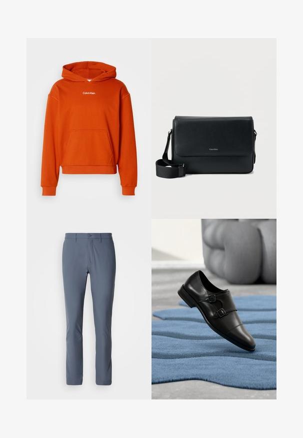 Oranžová mikina s kapucňou, s predným vreckom a bielym logom "Calvin Klein" na hrudi. Vyrobená z mäkkej, textúrovanej látky.; Sivé elastické nohavice so štýlovým dizajnom, s plochým predným dielom, bočnými vreckami a gombíkovým zapínaním. Hladká textúra a prispôsobený strih.; Čierna kožená topánka s dvojitými prackami, špicatou špičkou, hladkou textúrou, zvýšenou podrážkou, položená na modrom textúrovanom koberci.; Čierna kožená messenger taška s textúrovaným povrchom, nastaviteľným popruhom a predným klopou s jemným logom. Kompaktný a obdĺžnikový tvar.