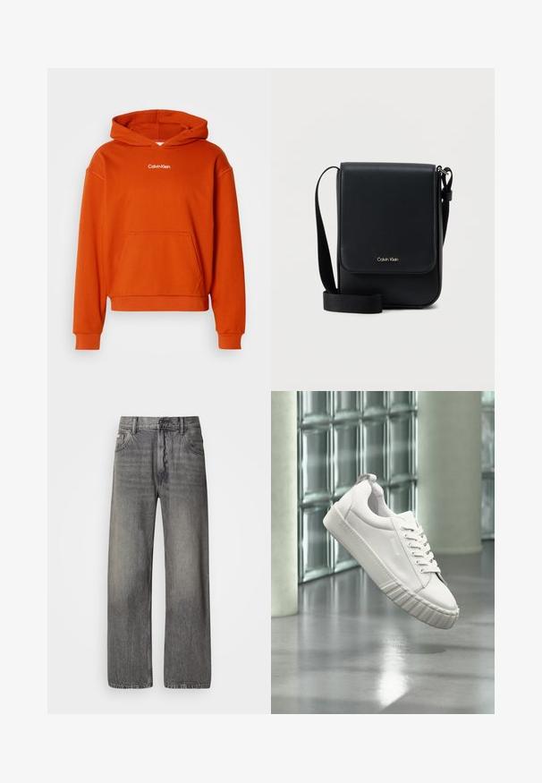 Oranžová mikina s kapucňou, s predným vreckom a bielym logom "Calvin Klein" na hrudi. Vyrobená z mäkkej, textúrovanej látky.; Džínsy so širokými nohavicami v tmavošedej denimovej farbe s vyblednutým efektom. Majú klasický dizajn s piatimi vreckami a pútkami na opasok.; Biela nízka teniska s textúrovanou podrážkou a šnúrkami, visiaca pred stenou zo sklenených blokov a svetlými stĺpmi na vyleštenej podlahe.; Čierna crossbody taška Calvin Klein s klopou, nastaviteľným pásikom a malým zlatým logom na prednej strane, na čistom bielom pozadí.