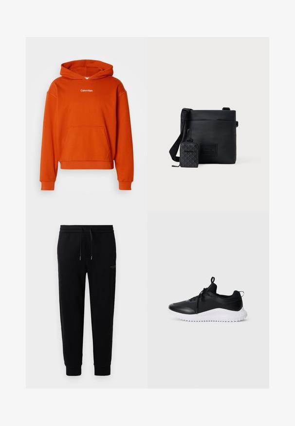 Oranž kapuutsiga sviiter, millel on esikott ja valge "Calvin Klein" logo rinnal. Valmistatud pehmest, struktureeritud kangast.; Mustad mustad püksid, mis on valmistatud puuvilla segust, elastse vöökoha ja paelaga, mansettidega pahkluudega ning peene logo trükiga külgedel.; Mustad mustad spordijalatsid sileda tekstuuriga ülemise osaga, nööpide sulguriga ja kontrastse valge sooniku ning taldaga. taga tõmblukk, et hõlbustada jalga panemist.; Mustvalge nailonist õlakott, millel on struktureeritud kuju, reguleeritav rihm ja väike sobiv kott, millel on geomeetriline muster.