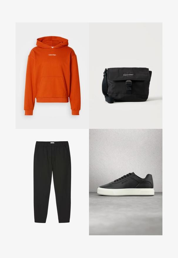 Orangener Kapuzenpullover mit einer Kängurutasche und weißem "Calvin Klein"-Logo auf der Brust. Hergestellt aus weichem, texturiertem Stoff.; Schwarze Hosen mit elastischem Bund, geraden Beinen und Seitentaschen, entwickelt für Freizeit- oder Berufsbekleidung.; Schwarze Ledersneaker mit weißer Gummisohle, rundlicher Zehenpartie und flachen Schnürsenkeln. Strukturierte Akzente an den Seiten, minimalistisches Design.; Schwarze Calvin Klein Schultertasche mit Frontklappe, Schnallenverschluss und verstellbarem Schultergurt auf weißem Hintergrund.