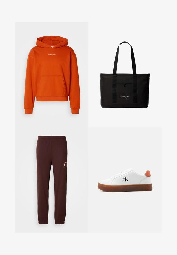 Orangener Kapuzenpullover mit einer Kängurutasche und weißem "Calvin Klein"-Logo auf der Brust. Hergestellt aus weichem, texturiertem Stoff.; Burgunderfarbene Jogginghosen aus weicher Baumwolle, mit einem elastischen Bund, gerippten Knöcheln und einem dezenten Logo auf dem linken Bein.; Weißer Sneaker mit brauner Sohle, orangefarbenem Fersenlasche, Schnürsenkeln und "cK"-Logo an der Seite.; Schwarze Calvin Klein Tote-Tasche mit zwei langen Griffen und Fronttasche, mit dem Markenlogo in Weiß und Grau.