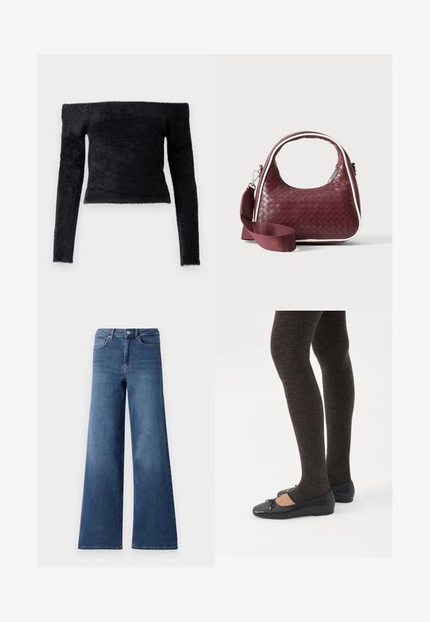 Good American OFF SHOULDER LONG SLEEVE - Pullover - black; Jeans en denim bleu à jambes larges avec une taille standard, des poches avant et une texture lisse. Pas de motifs ou d'ornements visibles.; Jambes portant des leggings côtelés foncés associés à des ballerines noires avec de petits détails en nœud sur fond blanc.; Sac à main en cuir tressé marron foncé avec poignée courbée, garniture blanche, fermeture éclair argentée et bandoulière large en tissu amovible sur fond uni.