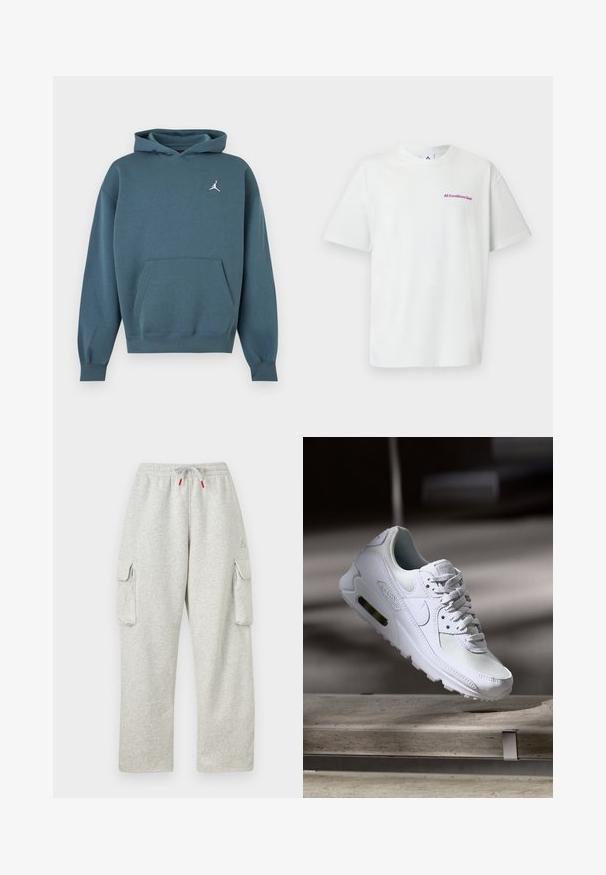 Sweat à capuche bleu sarcelle foncé avec poche kangourou à l'avant et petit logo Jumpman blanc sur la poitrine gauche.; T-shirt blanc à manches courtes avec col rond et petit texte violet "All Conditions Gear" sur la poitrine gauche.; Pantalon de survêtement gris clair avec taille élastique, cordon avec embouts rouges et grandes poches à rabat sur les deux cuisses.; Sneaker Nike Air Max 90 blanche avec une tige en mesh et cuir, une boîte à orteils perforée et une unité air visible au talon.