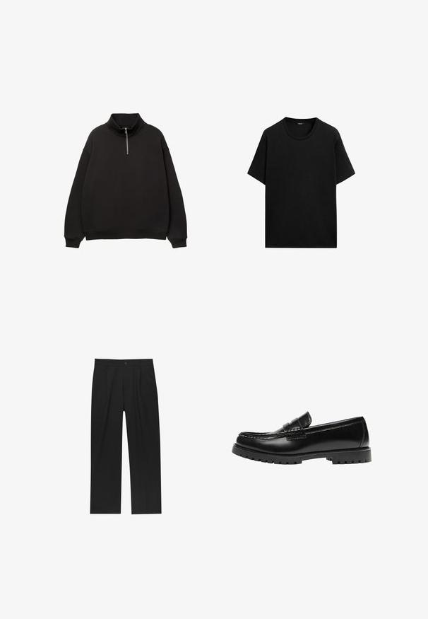 Pull noir à manches longues avec col montant et fermeture éclair demi-devant, poignets et ourlet côtelés, sur fond blanc.; T-shirt noir à manches courtes en coton, avec un col rond et une coupe décontractée. Aucune motif ni accent visible.; Pantalons noirs au design droit, fabriqués à partir d'un tissu lisse. Dotés de plis sur le devant et d'une fermeture à un bouton à la taille.; Mocassin en cuir noir avec une semelle en caoutchouc épaisse et un détail classique de bride à monnaie, vu de côté extérieur.