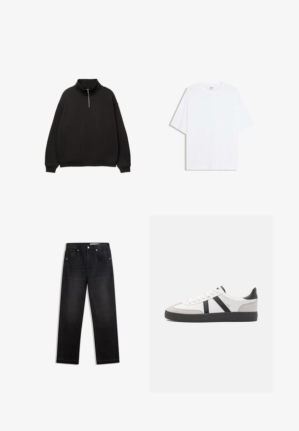 Pull noir à manches longues avec col montant et fermeture éclair demi-devant, poignets et ourlet côtelés, sur fond blanc.; T-shirt oversize en coton blanc avec un col rond et des manches courtes ; texture lisse, sans motifs ni accents visibles.; Jean en denim noir à jambes droites avec cinq poches et une taille haute, présenté à plat sur un fond blanc.; Baskets blanches avec des accents noirs et gris, présentant un embout texturé gris, une semelle en caoutchouc noir et des lacets plats blancs. Design épuré, style minimaliste.