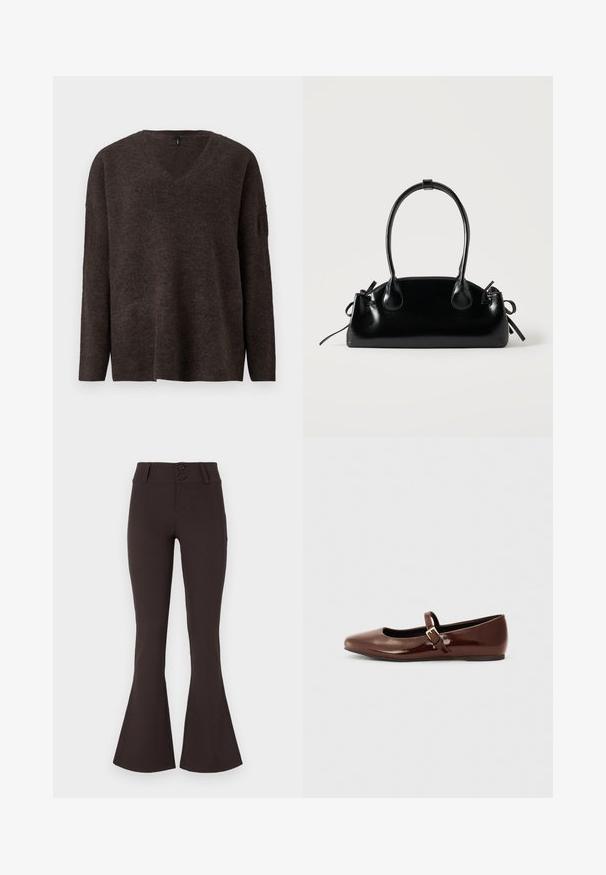 Pull en v noir, marron foncé, avec des manches longues et une coupe décontractée. Texture douce et légère nervure aux poignets et à l'ourlet. Pas de logos visibles.; Pantalons évasés marron en tissu extensible. Caractérisés par une taille haute avec deux boutons et une texture lisse. Sans motifs ni embellissements.; Ballerine en cuir verni marron avec un bout carré et une lanière ornée d'une petite boucle dorée. Texture lisse, talon bas et design minimaliste.; Petit sac à main noir brillant avec deux longues anses et des détails à cordon sur les côtés sur un fond clair uni.